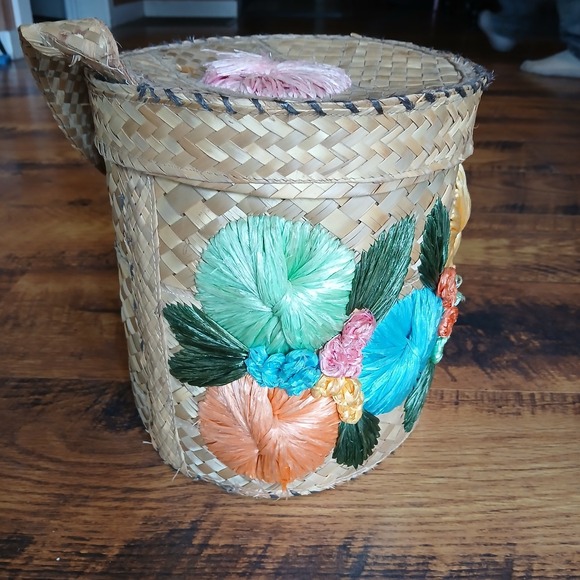 Vintage 1950s Woven Straw Raffia Floral Bucket Bag‎ Purse Beach Picnic Tote MCM - Picture 7 of 14